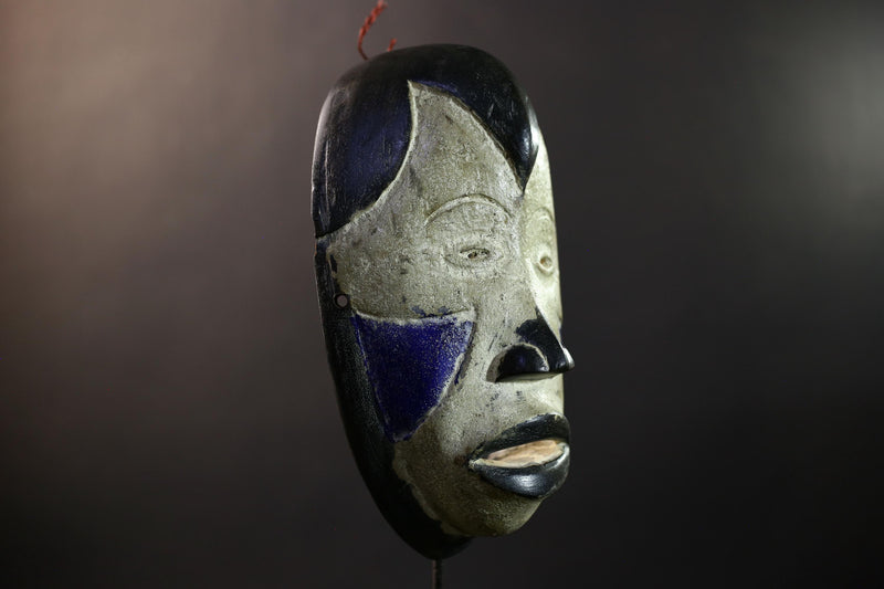 African Pende Mask, Kaolin & Midnight-Blue Ritual Wall Décor, DR Congo Tribal African Art Sculpture, Vintage Boho Home Accent-G5324
