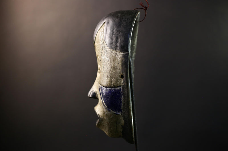 African Pende Mask, Kaolin & Midnight-Blue Ritual Wall Décor, DR Congo Tribal African Art Sculpture, Vintage Boho Home Accent-G5324