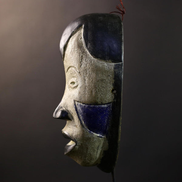 African Pende Mask, Kaolin & Midnight-Blue Ritual Wall Décor, DR Congo Tribal African Art Sculpture, Vintage Boho Home Accent-G5324