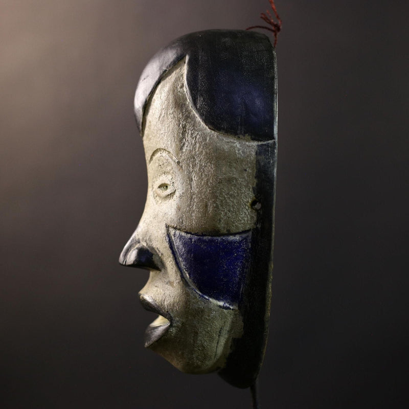 African Pende Mask, Kaolin & Midnight-Blue Ritual Wall Décor, DR Congo Tribal African Art Sculpture, Vintage Boho Home Accent-G5324