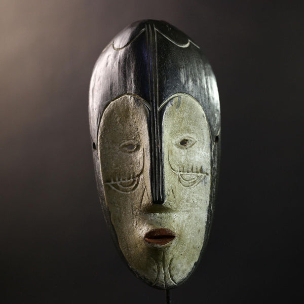 African Fang Ngil Mask, Black & Kaolin Split Face Wall Décor, Gabon Tribal Ritual Art, Hand‑Carved Wood Sculpture, Vintage Accent-G5325