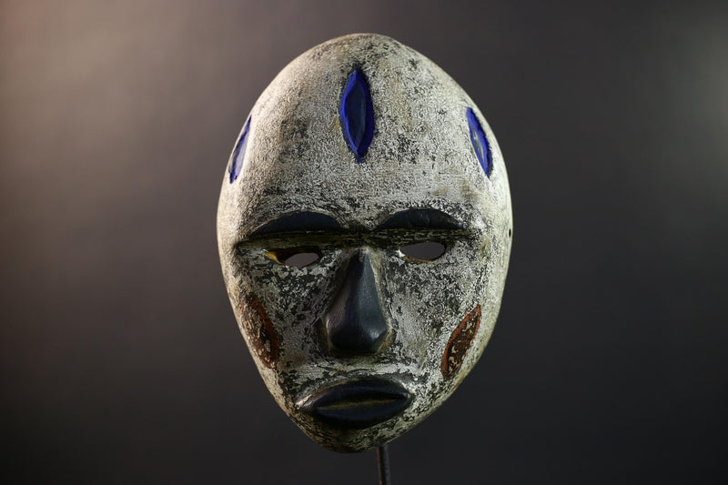 African Pende Mask, Kaolin & Blue Diamond Congo Wall Décor, Tribal African Art Sculpture, Vintage Hand-Carved Boho Accent-G5323