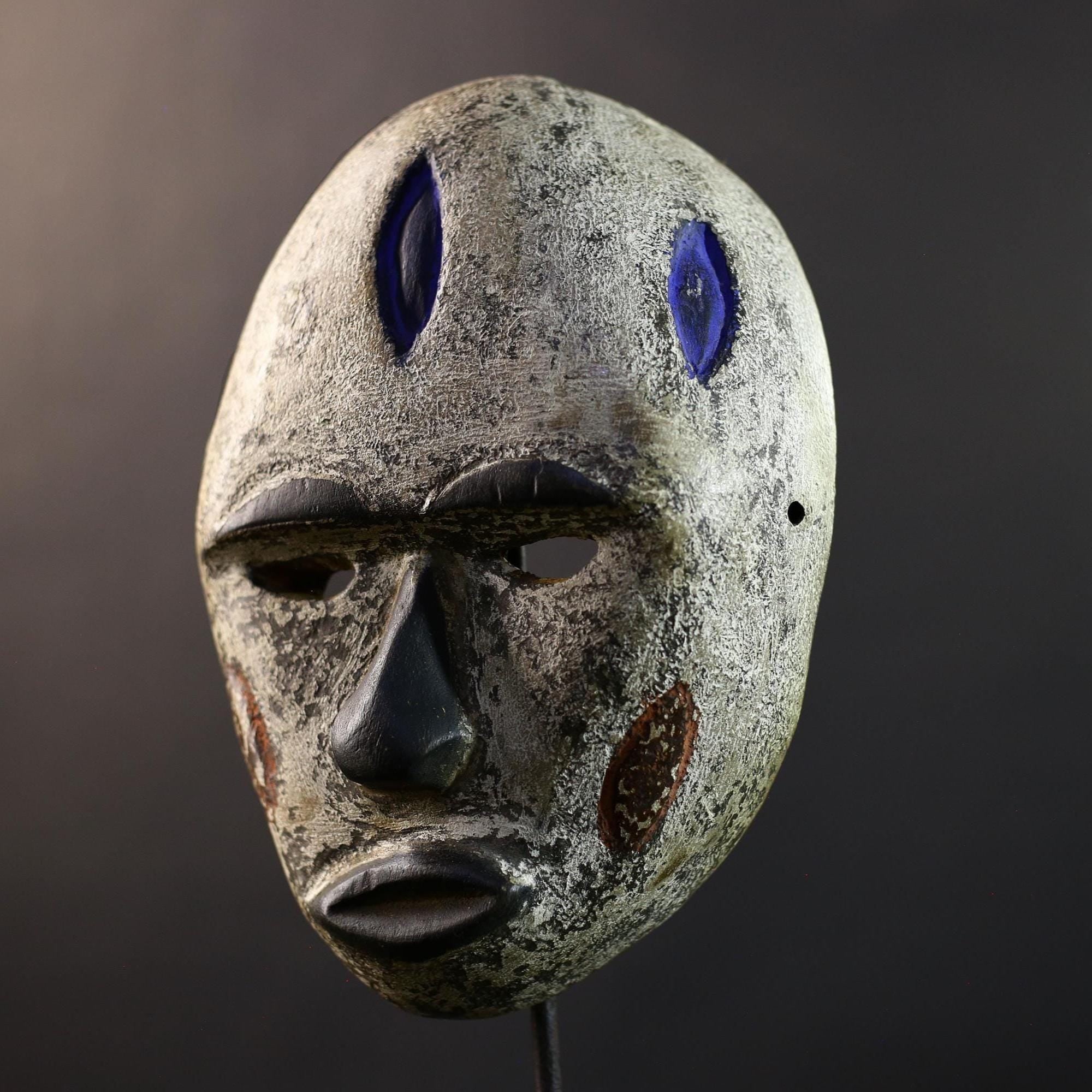 African Pende Mask, Kaolin & Blue Diamond Congo Wall Décor, Tribal African Art Sculpture, Vintage Hand-Carved Boho Accent-G5323