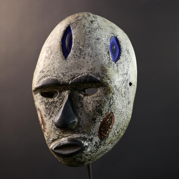 African Pende Mask, Kaolin & Blue Diamond Congo Wall Décor, Tribal African Art Sculpture, Vintage Hand-Carved Boho Accent-G5323