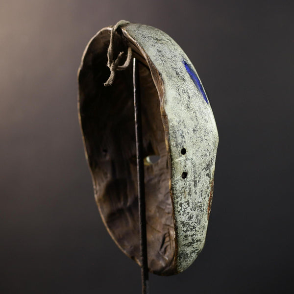 African Pende Mask, Kaolin & Blue Diamond Congo Wall Décor, Tribal African Art Sculpture, Vintage Hand-Carved Boho Accent-G5323