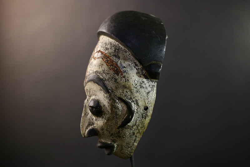 African Punu Okuyi Mask, Kaolin White & Black Helmet Wall Décor, Gabon Tribal African Art Sculpture, Vintage Hand-Carved Boho Accent-G5322