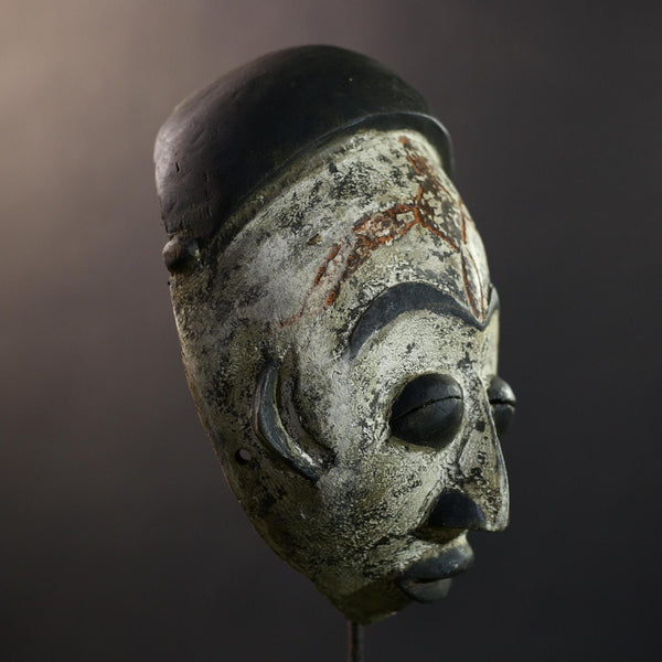 African Punu Okuyi Mask, Kaolin White & Black Helmet Wall Décor, Gabon Tribal African Art Sculpture, Vintage Hand-Carved Boho Accent-G5322
