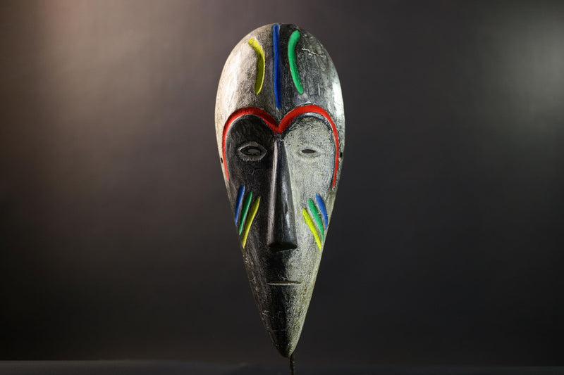 African Fang Ngil Mask, Multicolor Scarification Wall Décor, Gabon Tribal African Art Sculpture, Vintage Hand-Carved Wooden Accent-G5321