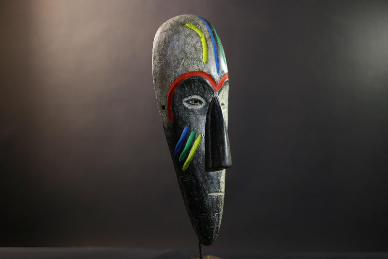 African Fang Ngil Mask, Multicolor Scarification Wall Décor, Gabon Tribal African Art Sculpture, Vintage Hand-Carved Wooden Accent-G5321