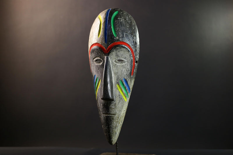 African Fang Ngil Mask, Multicolor Scarification Wall Décor, Gabon Tribal African Art Sculpture, Vintage Hand-Carved Wooden Accent-G5321