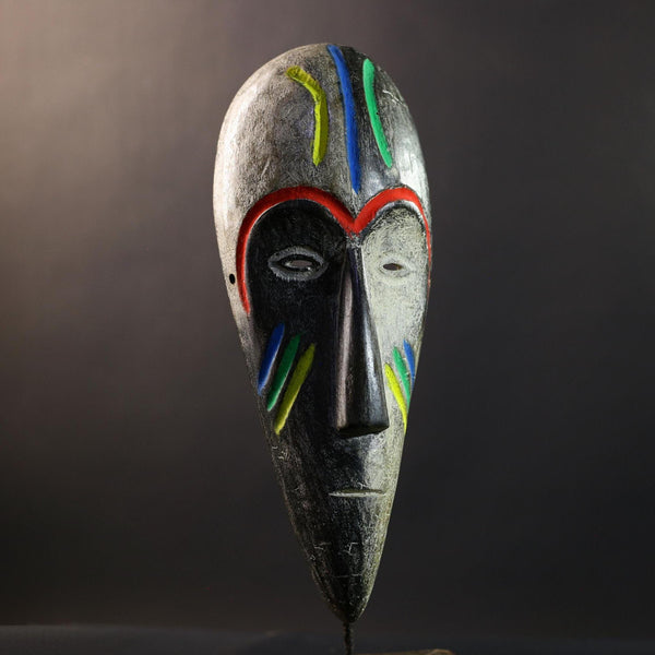 African Fang Ngil Mask, Multicolor Scarification Wall Décor, Gabon Tribal African Art Sculpture, Vintage Hand-Carved Wooden Accent-G5321