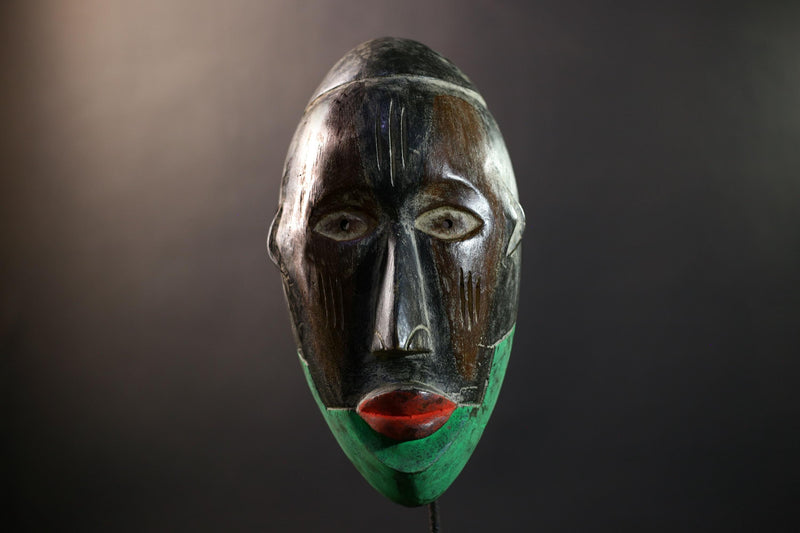 African Dan Kran Mask, Green & Brown Split Face Wall Décor, Liberia Tribal African Art Sculpture, Vintage Hand-Carved Wooden Accent-G5320