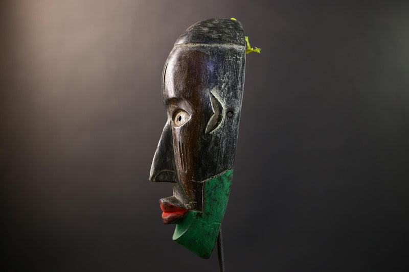 African Dan Kran Mask, Green & Brown Split Face Wall Décor, Liberia Tribal African Art Sculpture, Vintage Hand-Carved Wooden Accent-G5320