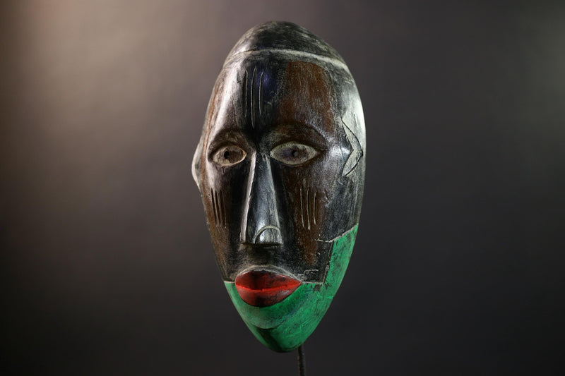 African Dan Kran Mask, Green & Brown Split Face Wall Décor, Liberia Tribal African Art Sculpture, Vintage Hand-Carved Wooden Accent-G5320