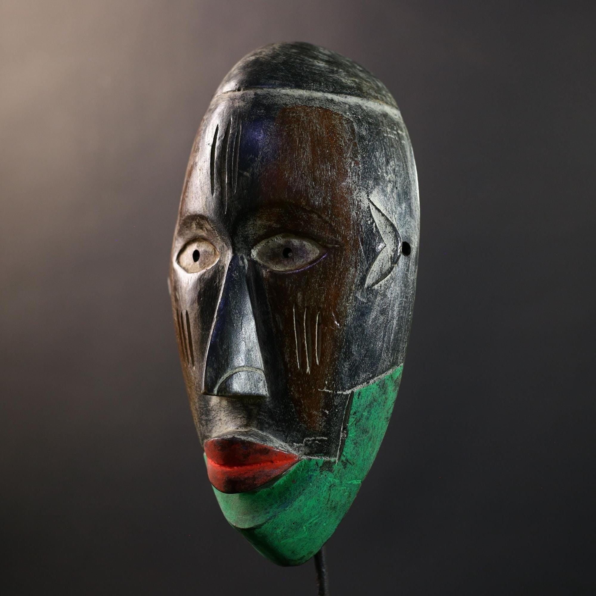 African Dan Kran Mask, Green & Brown Split Face Wall Décor, Liberia Tribal African Art Sculpture, Vintage Hand-Carved Wooden Accent-G5320