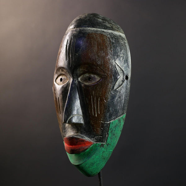 African Dan Kran Mask, Green & Brown Split Face Wall Décor, Liberia Tribal African Art Sculpture, Vintage Hand-Carved Wooden Accent-G5320