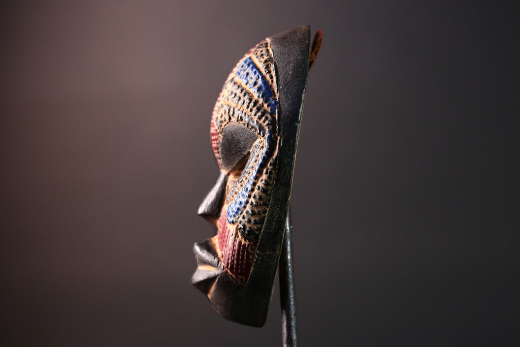 decorative african mask dan style tribal art face wall sculpture geometric carved mask red blue wall decor handmade wood mask-G5411