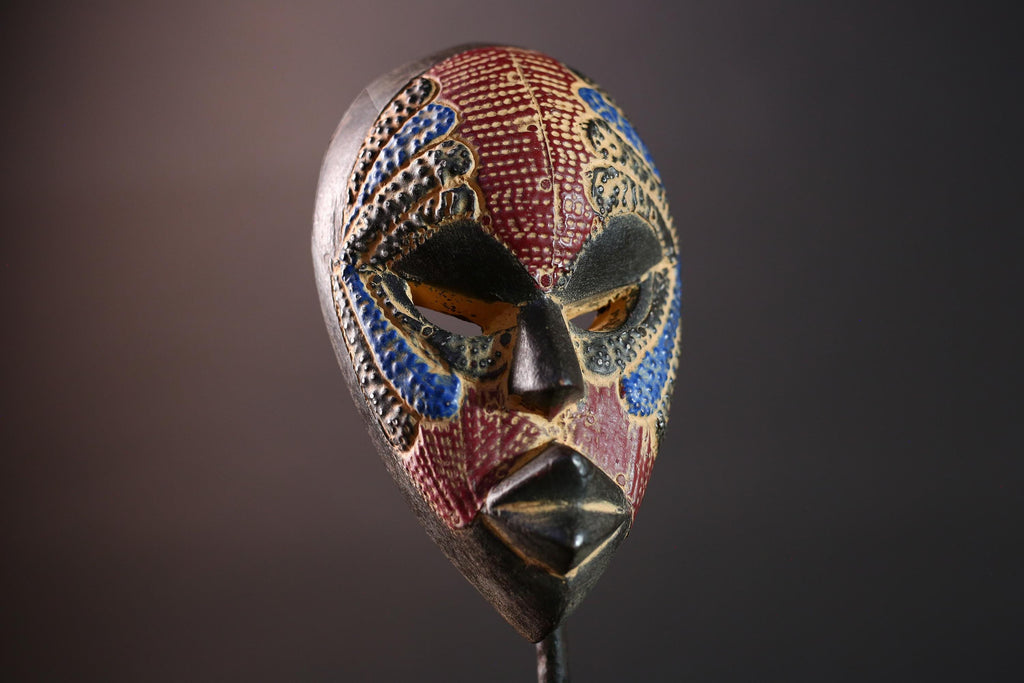 decorative african mask dan style tribal art face wall sculpture geometric carved mask red blue wall decor handmade wood mask-G5411