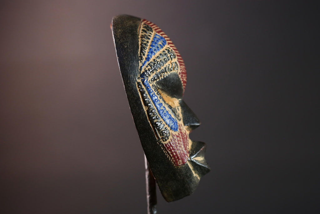 decorative african mask dan style tribal art face wall sculpture geometric carved mask red blue wall decor handmade wood mask-G5411