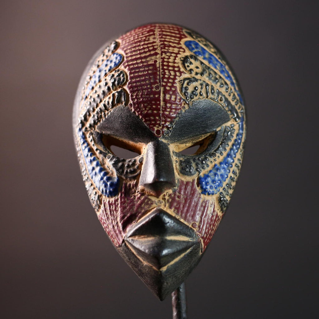 decorative african mask dan style tribal art face wall sculpture geometric carved mask red blue wall decor handmade wood mask-G5411