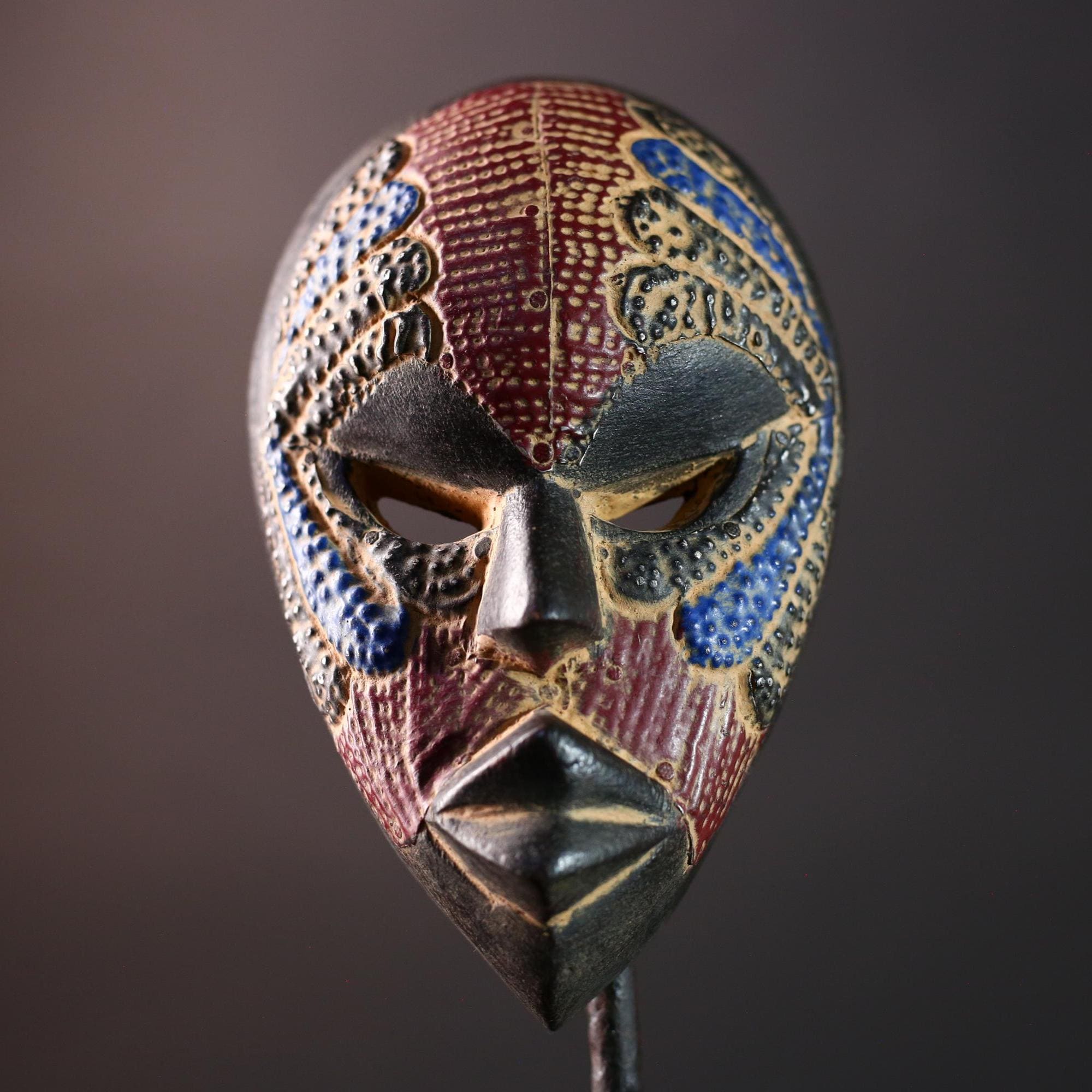 decorative african mask dan style tribal art face wall sculpture geometric carved mask red blue wall decor handmade wood mask-G5411