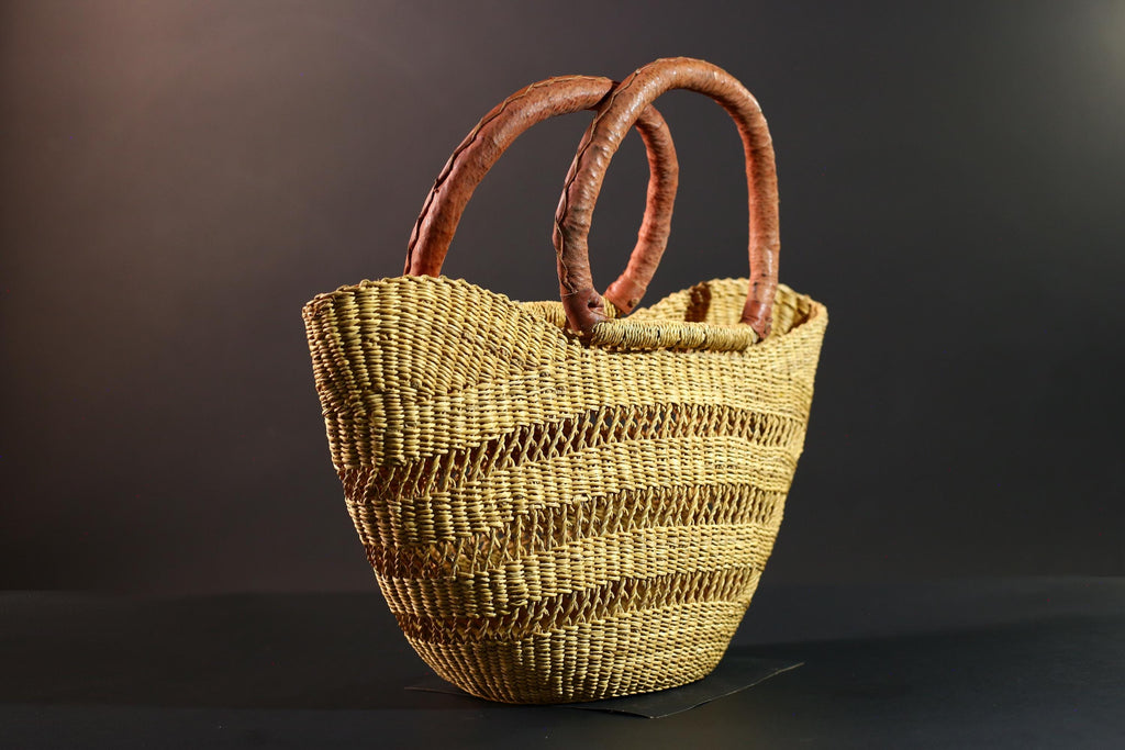 African Gurunsi basket handwoven bolga tote Ghana straw market bag leather handle natural style-G5412