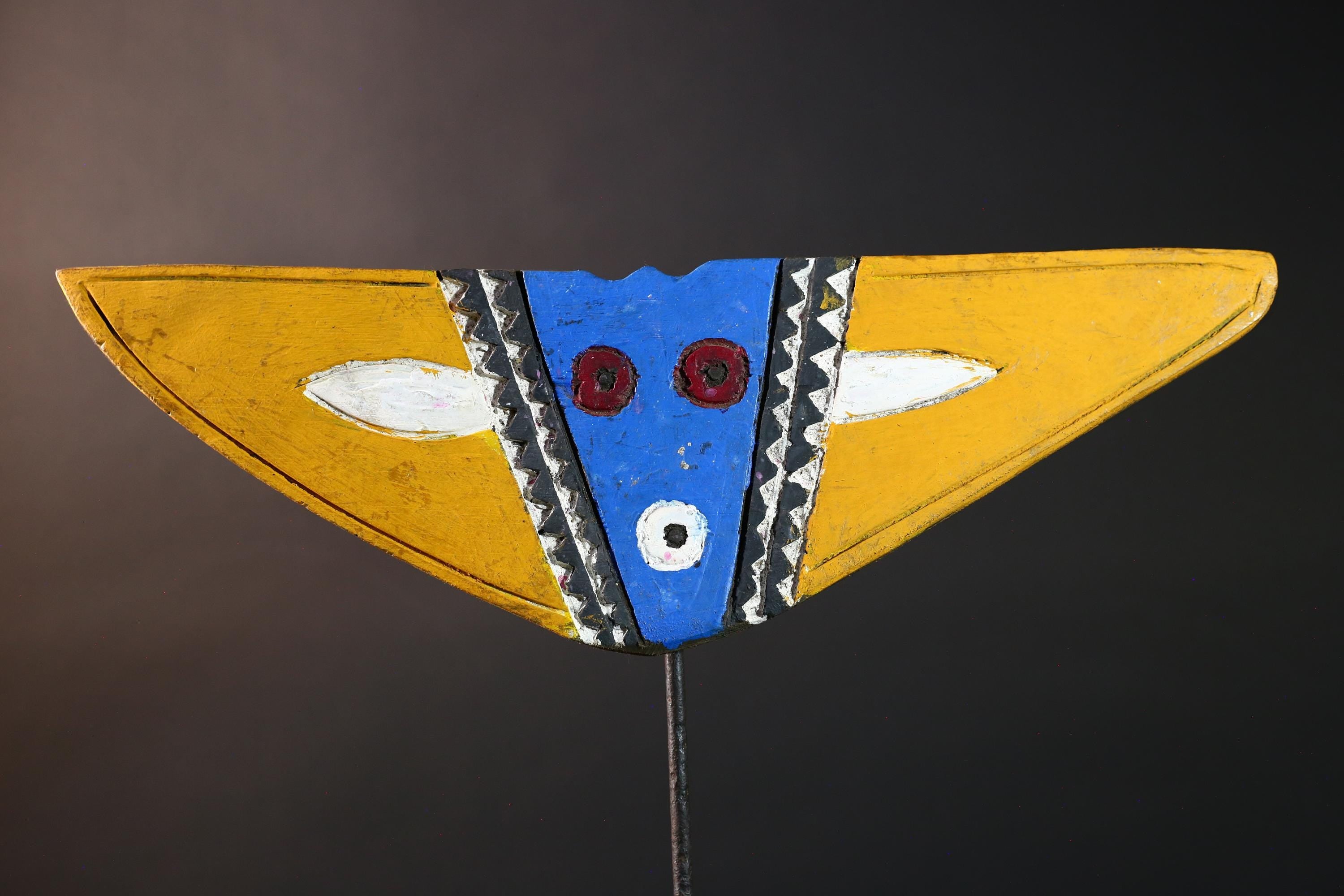 African Bwa mask tribal butterfly plank mask blue yellow wall decor Burkina Faso wood spirit mask hand carved vintage geometric art-G5414