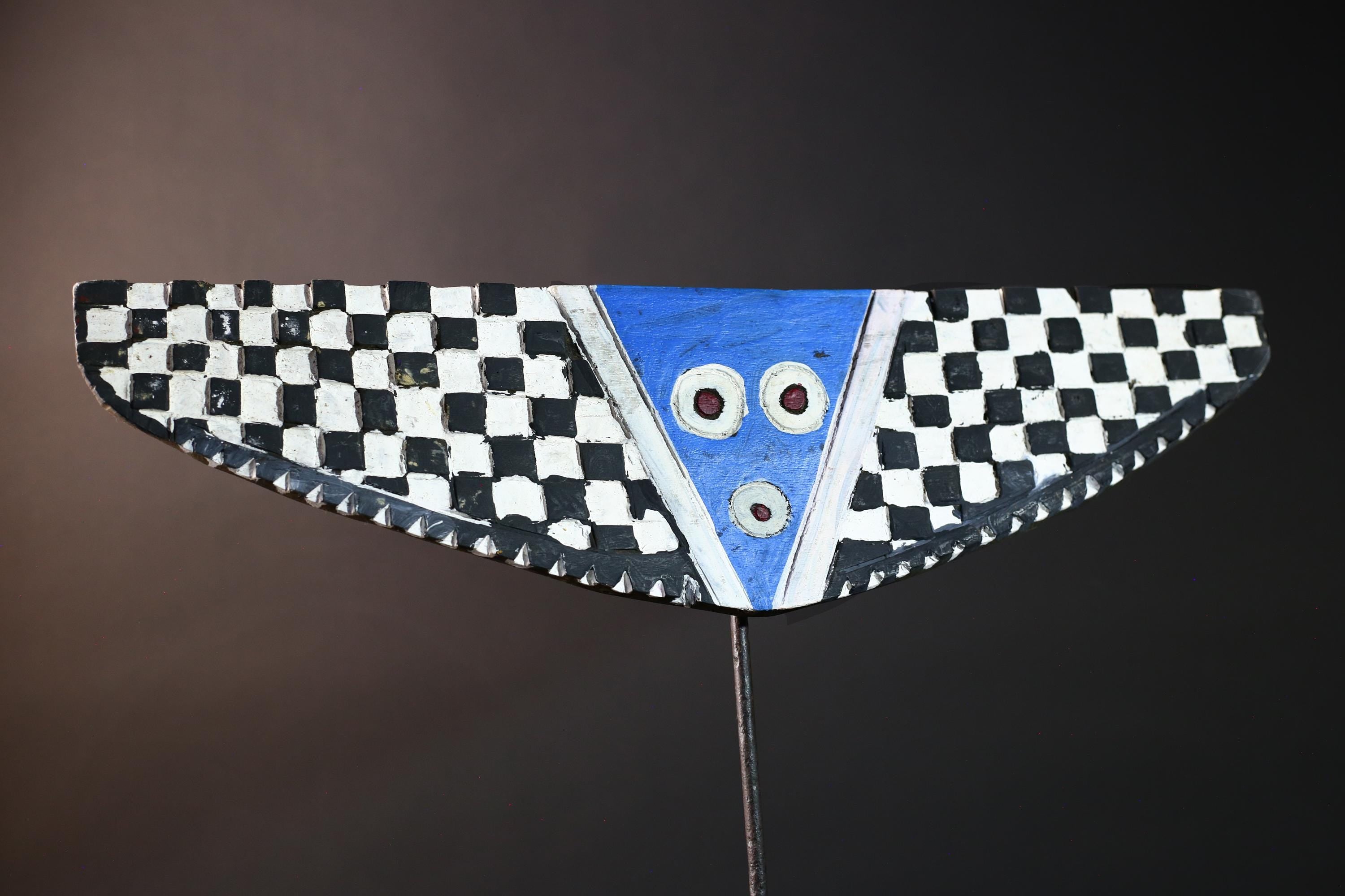 Butterfly tribal mask african bwa art hand carved plank wall decor burkina faso blue checkerboard spirit mask vintage wood carving-G5415