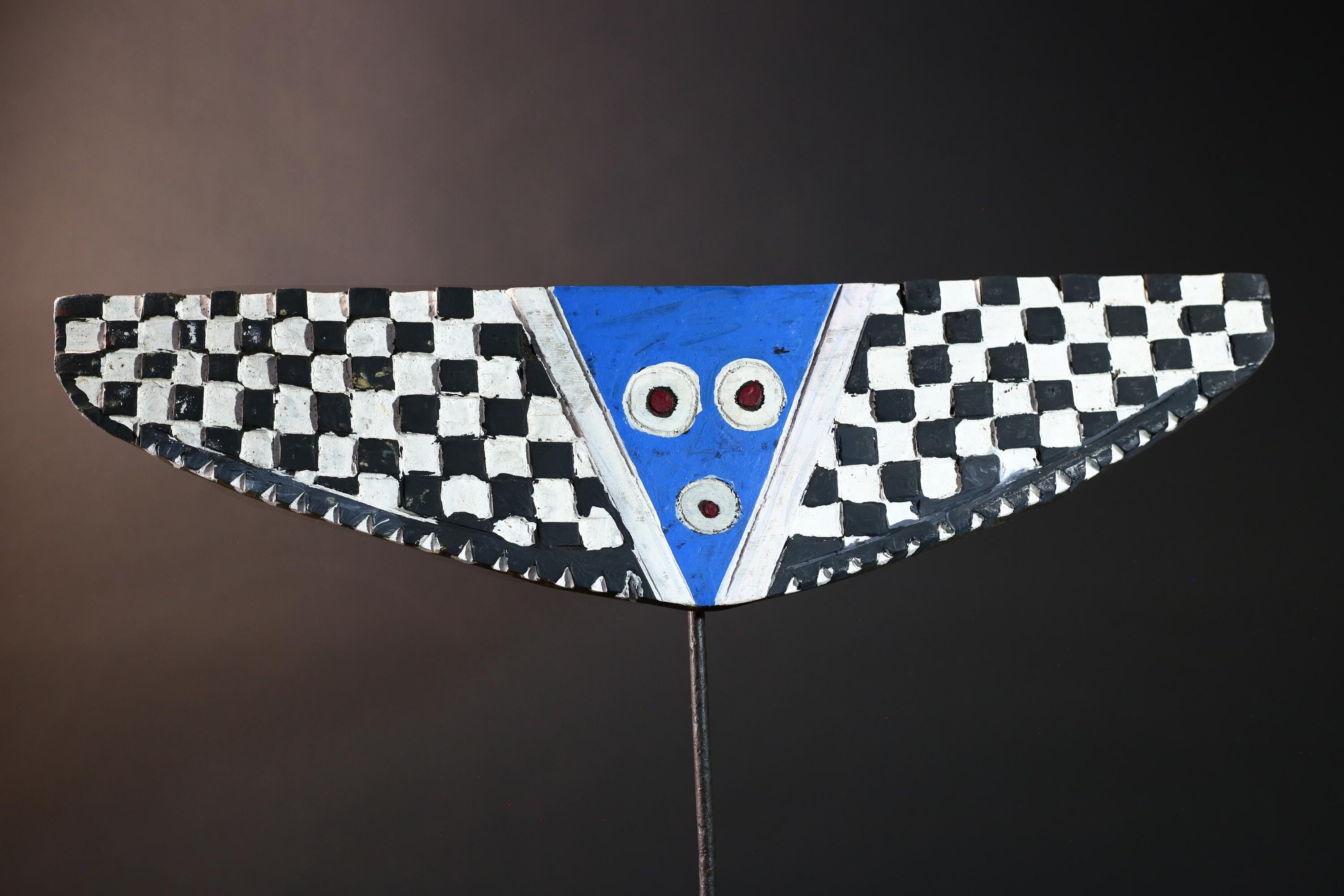 Butterfly tribal mask african bwa art hand carved plank wall decor burkina faso blue checkerboard spirit mask vintage wood carving-G5415