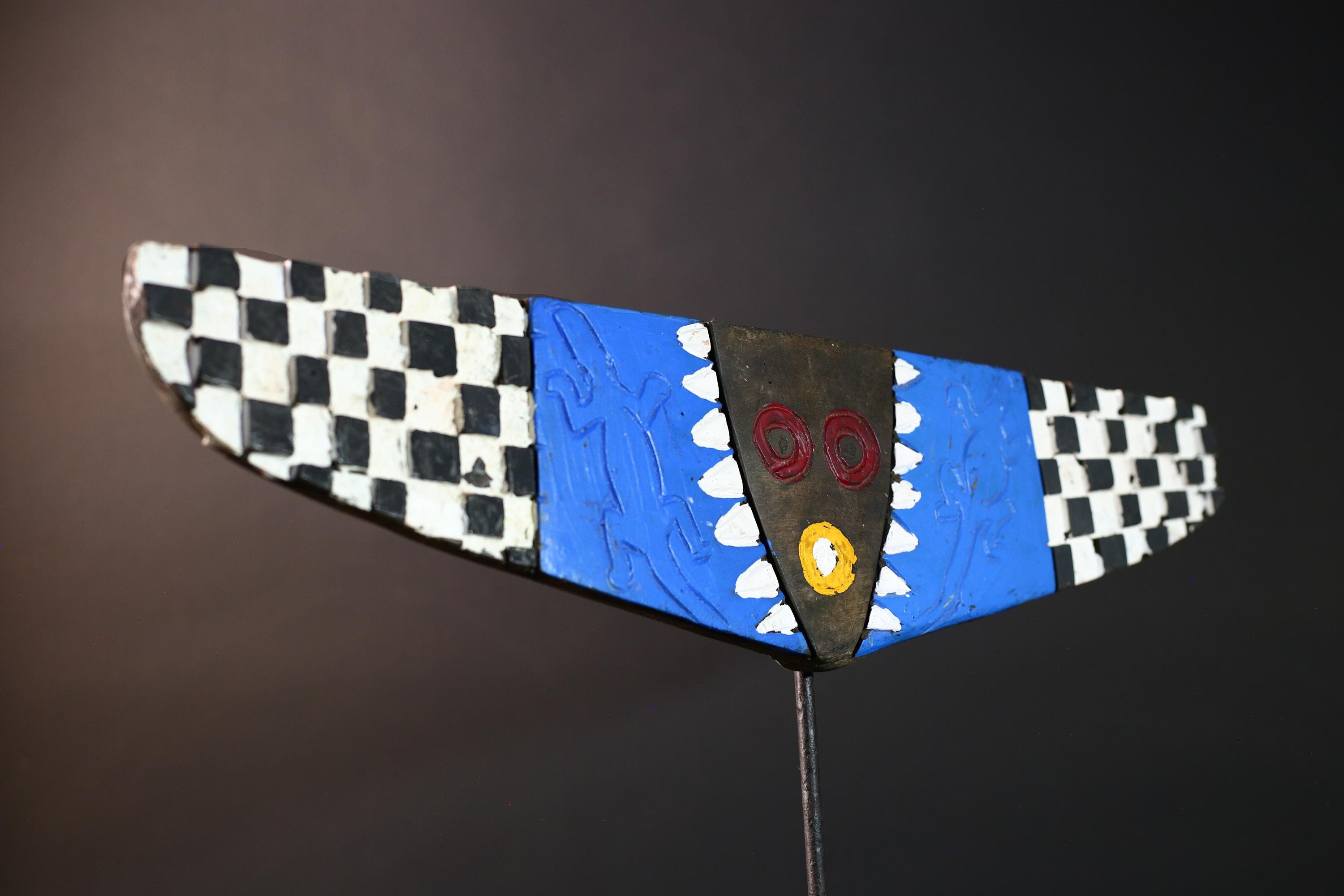 Tribal plank mask african bwa butterfly art checkerboard wall decor burkina faso blue spirit carving wood vintage geometric sculpture-G5416