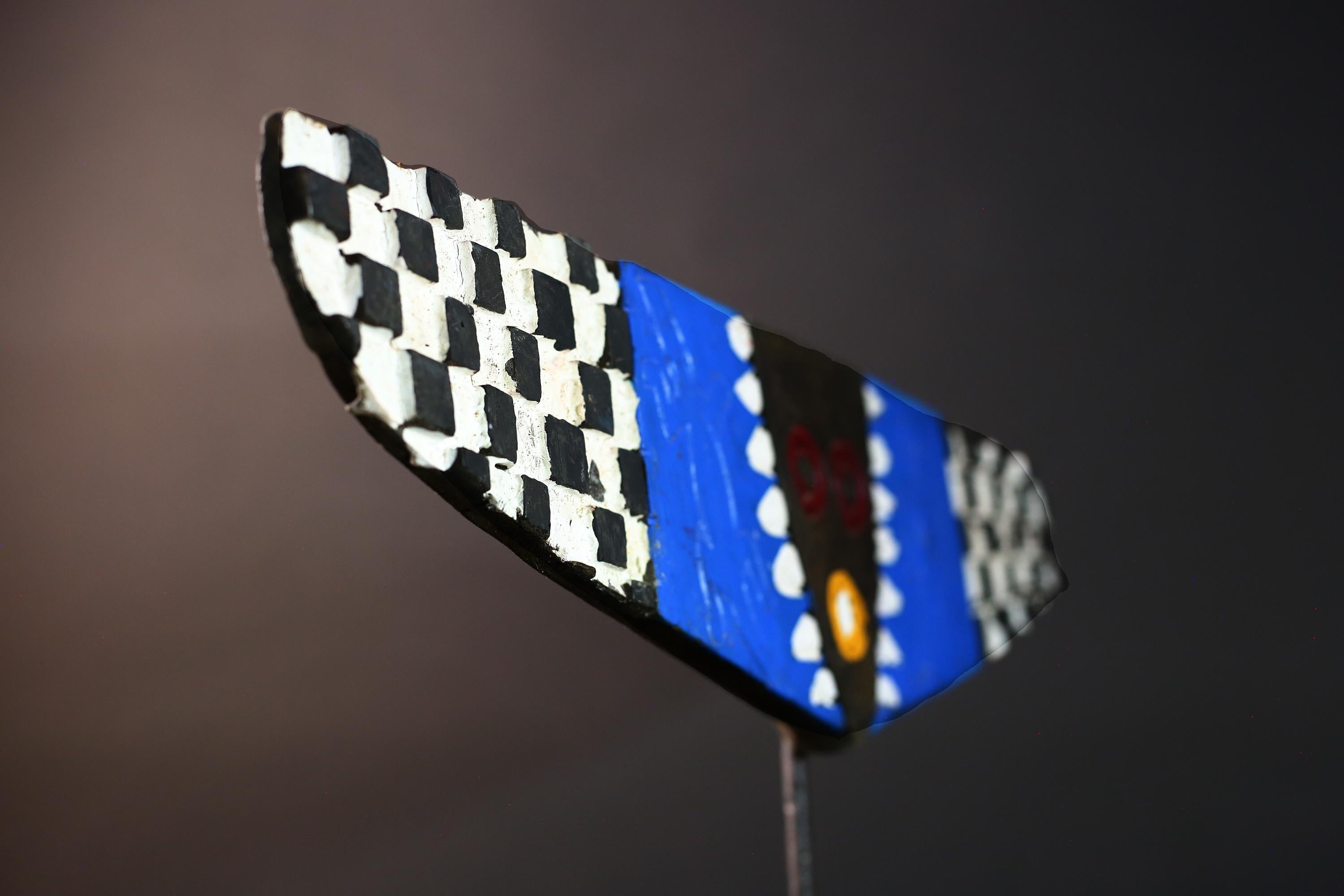 Tribal plank mask african bwa butterfly art checkerboard wall decor burkina faso blue spirit carving wood vintage geometric sculpture-G5416