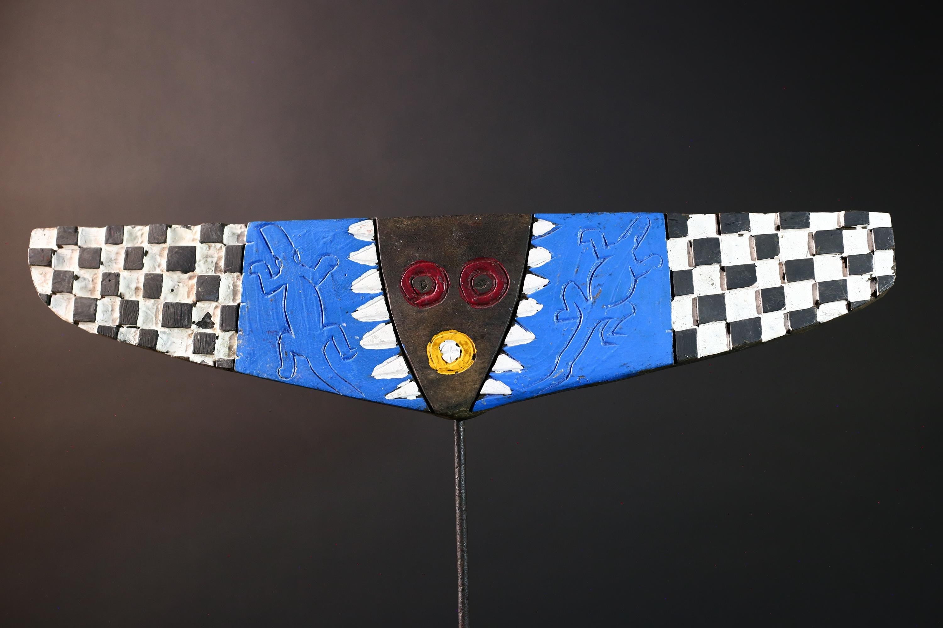 Tribal plank mask african bwa butterfly art checkerboard wall decor burkina faso blue spirit carving wood vintage geometric sculpture-G5416