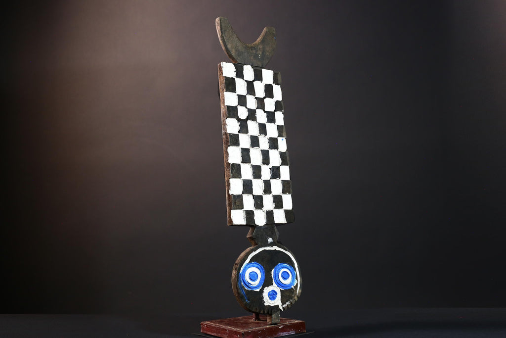 Vertical spirit mask bwa plank mask african tribal art checkerboard wood mask burkina faso wall carving vintage ceremonial sculpture-G5418