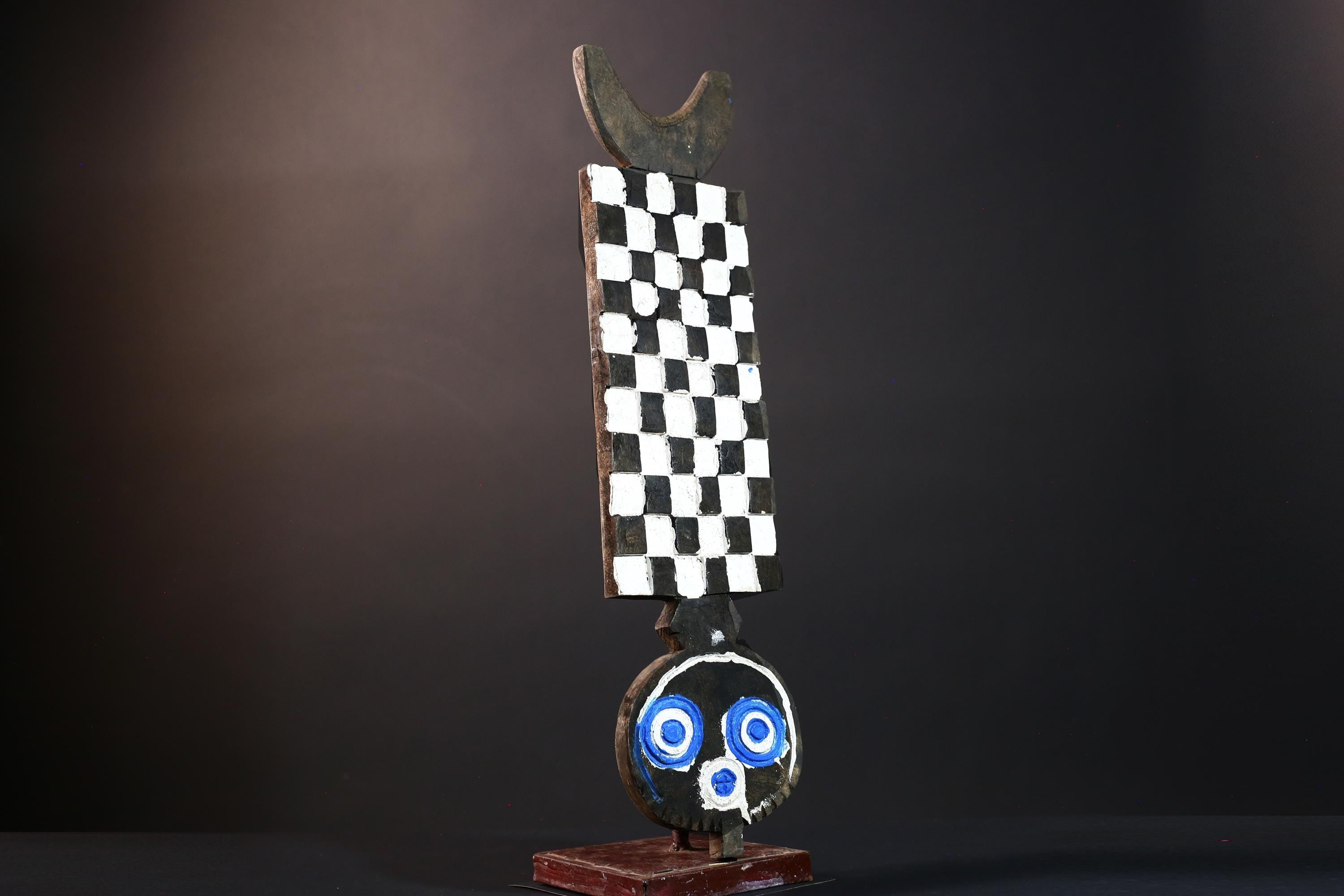 Vertical spirit mask bwa plank mask african tribal art checkerboard wood mask burkina faso wall carving vintage ceremonial sculpture-G5418