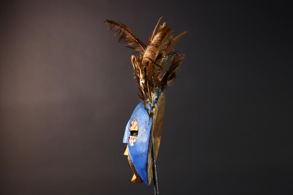 Blue tribal face mask bobo african mask feathered wood mask burkina faso ritual art vintage wall sculpture handmade spirit carving-G5420