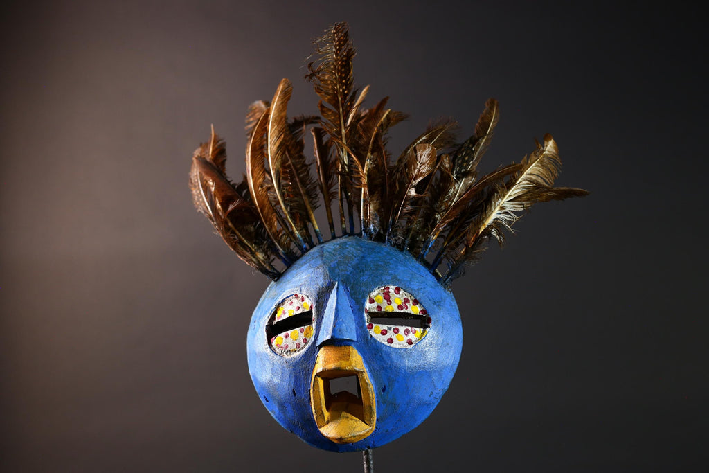 Blue tribal face mask bobo african mask feathered wood mask burkina faso ritual art vintage wall sculpture handmade spirit carving-G5420