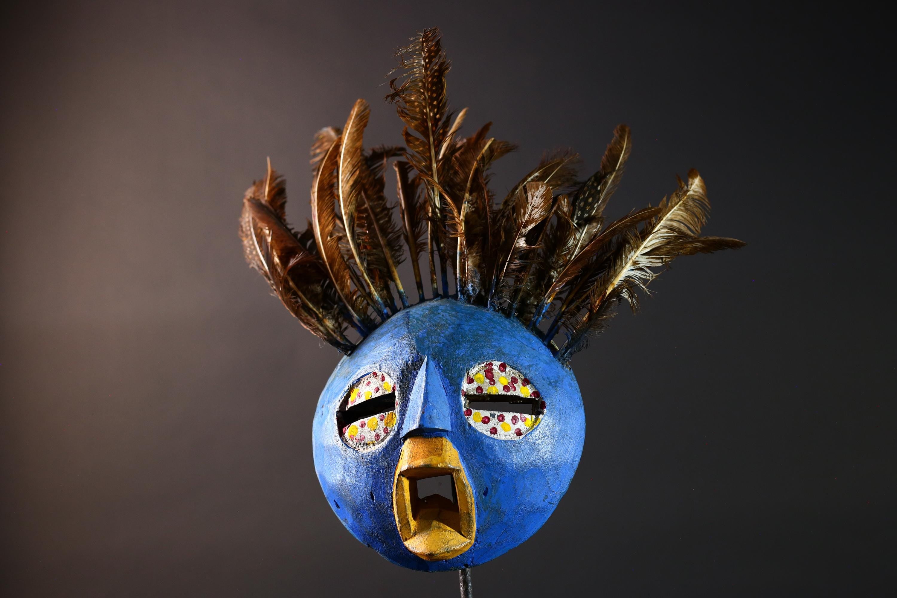 Blue tribal face mask bobo african mask feathered wood mask burkina faso ritual art vintage wall sculpture handmade spirit carving-G5420