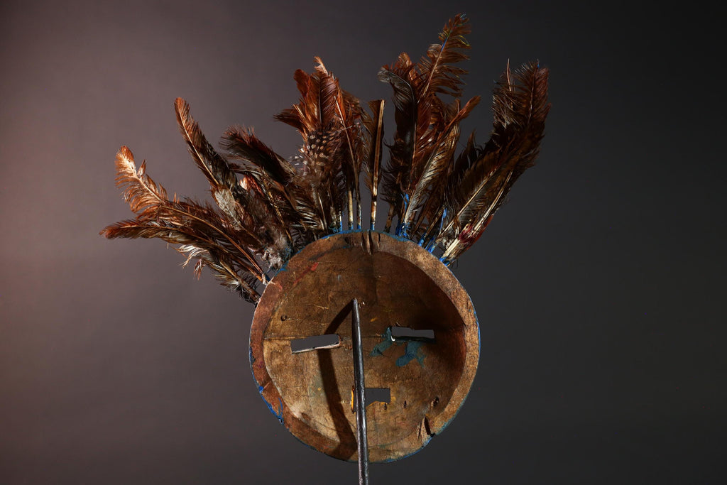 Blue tribal face mask bobo african mask feathered wood mask burkina faso ritual art vintage wall sculpture handmade spirit carving-G5420