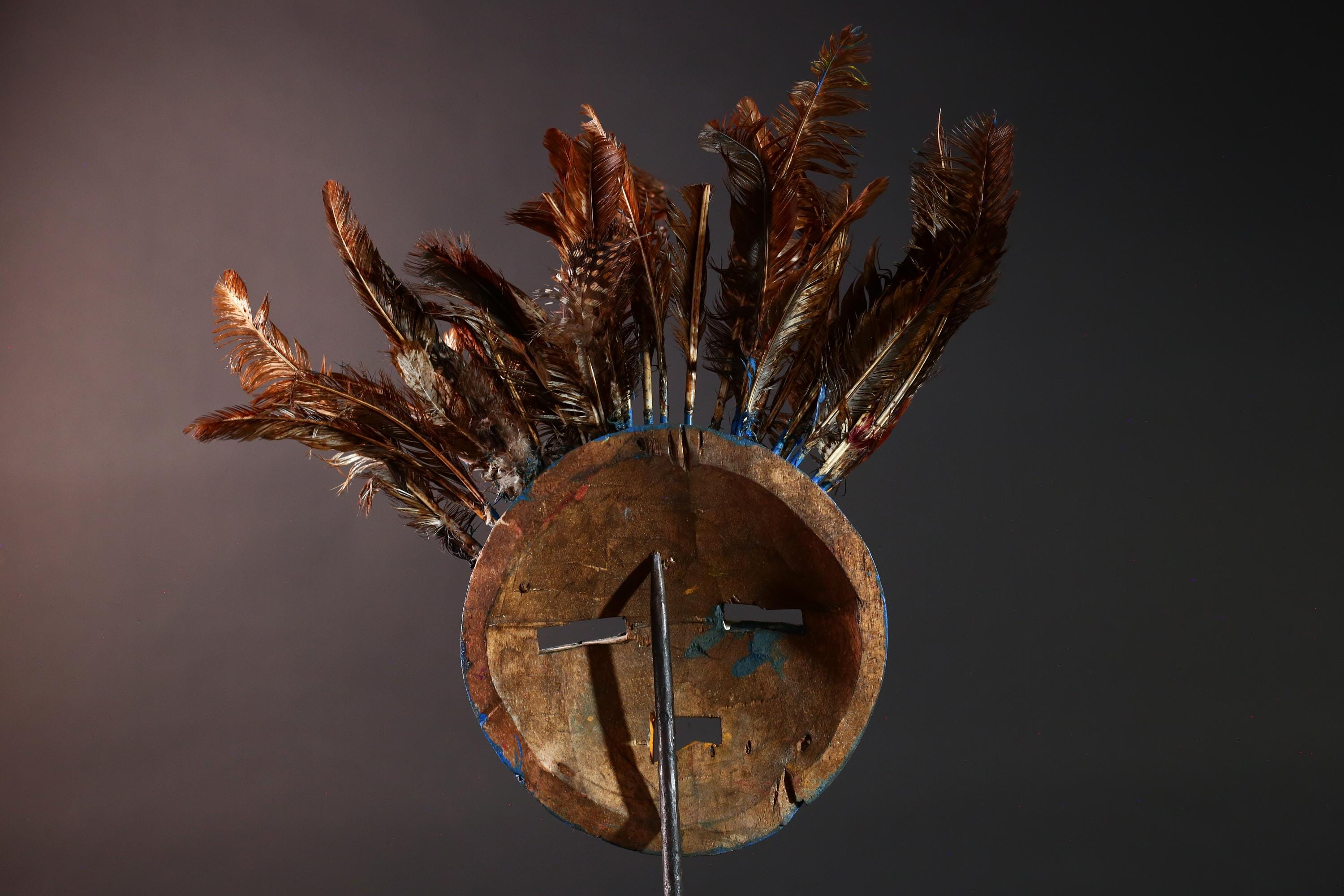 Blue tribal face mask bobo african mask feathered wood mask burkina faso ritual art vintage wall sculpture handmade spirit carving-G5420