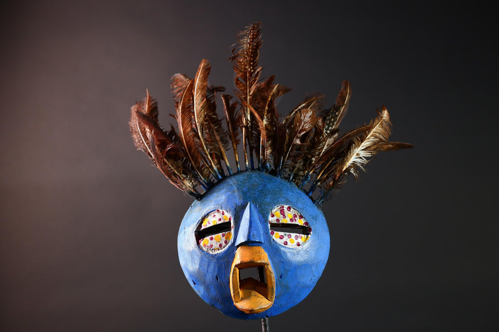 Blue tribal face mask bobo african mask feathered wood mask burkina faso ritual art vintage wall sculpture handmade spirit carving-G5420