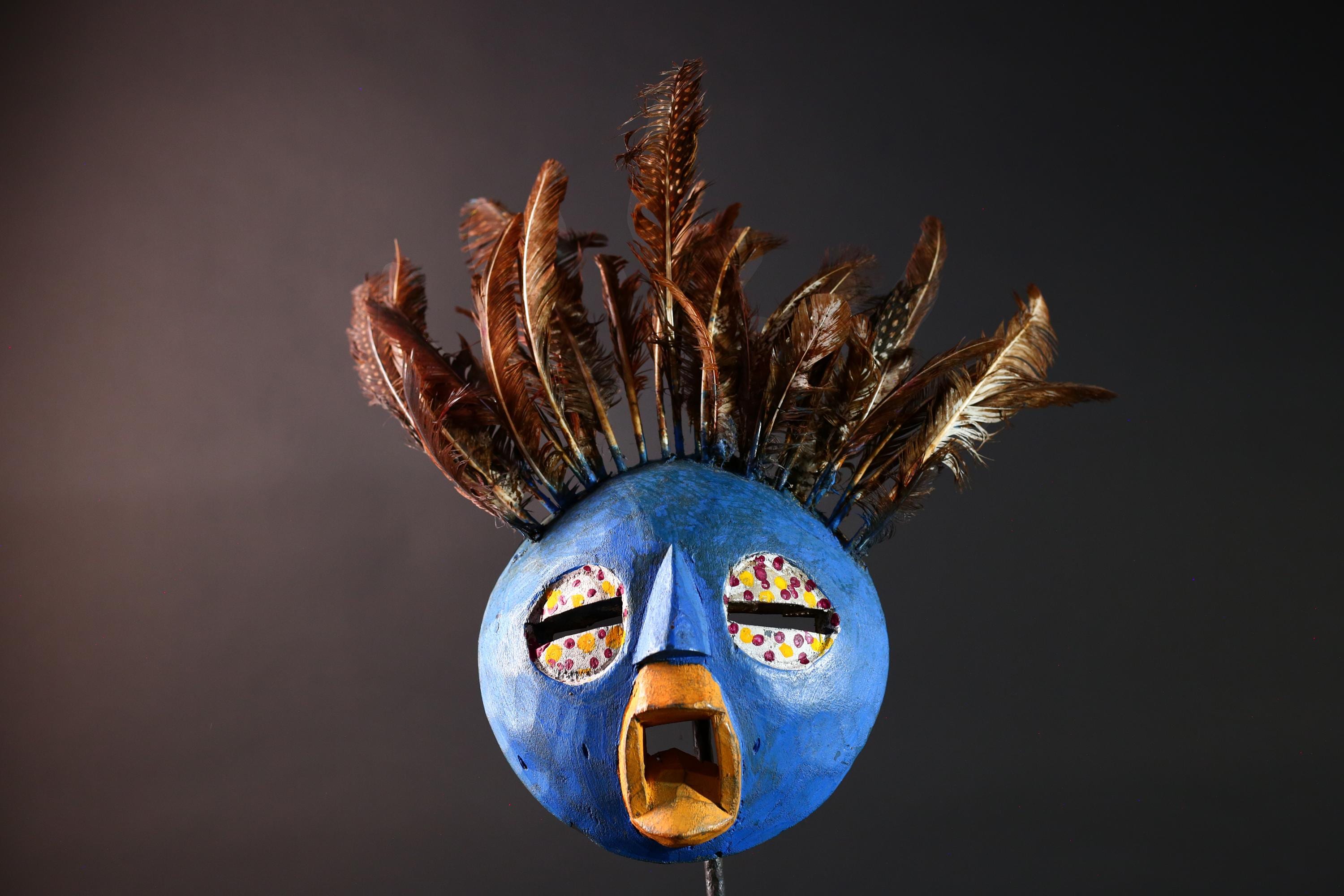 Blue tribal face mask bobo african mask feathered wood mask burkina faso ritual art vintage wall sculpture handmade spirit carving-G5420