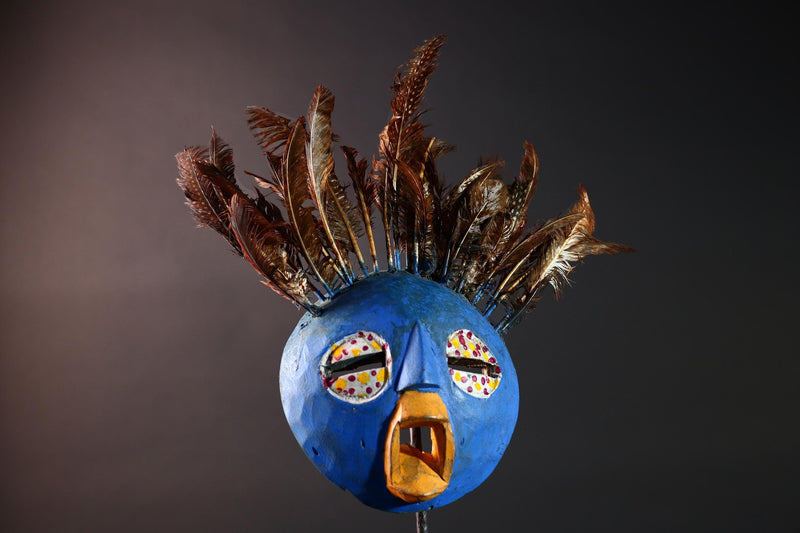 Blue tribal face mask bobo african mask feathered wood mask burkina faso ritual art vintage wall sculpture handmade spirit carving-G5420