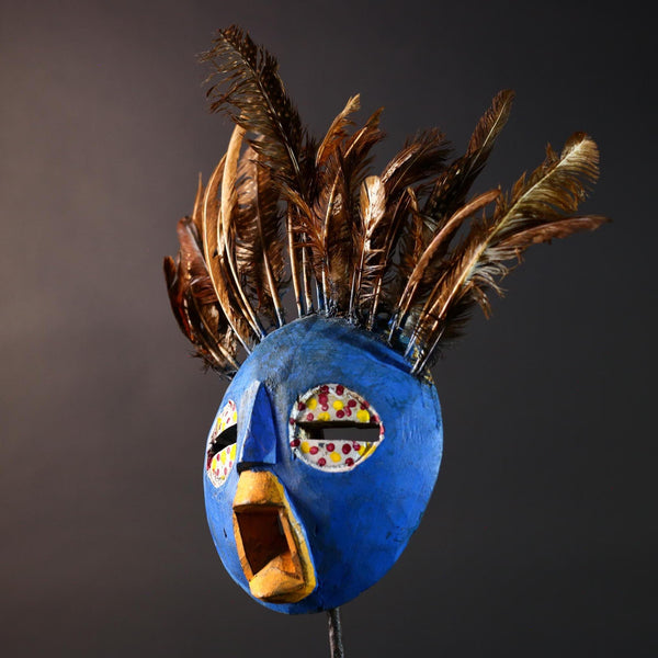 Blue tribal face mask bobo african mask feathered wood mask burkina faso ritual art vintage wall sculpture handmade spirit carving-G5420