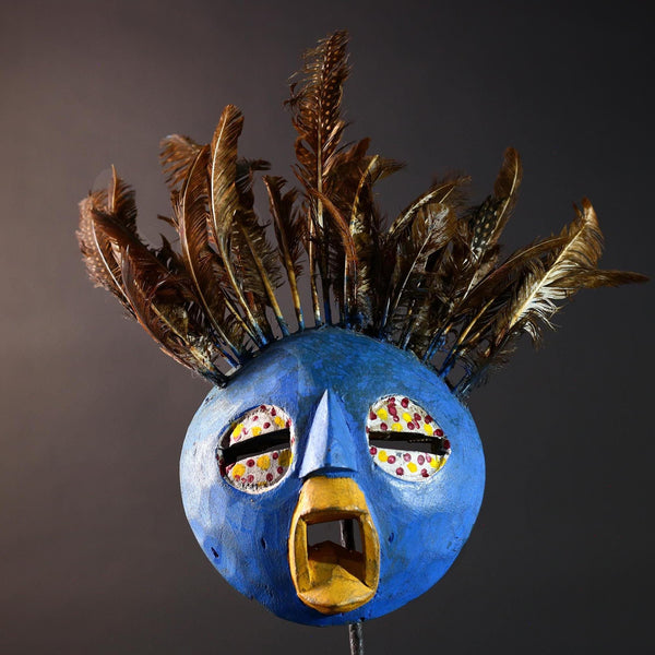 Blue tribal face mask bobo african mask feathered wood mask burkina faso ritual art vintage wall sculpture handmade spirit carving-G5420