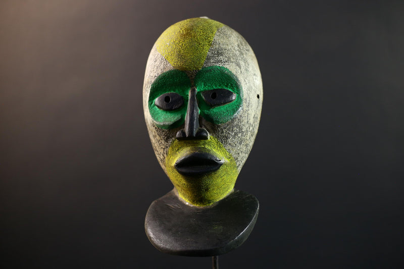 African Pende Helmet Mask, Congo Tribal Dance Art, Hand Carved Wood Sculpture, Split Face Green Yellow Decor-G5335