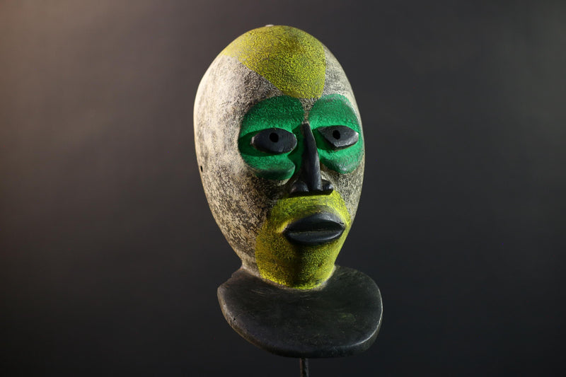 African Pende Helmet Mask, Congo Tribal Dance Art, Hand Carved Wood Sculpture, Split Face Green Yellow Decor-G5335