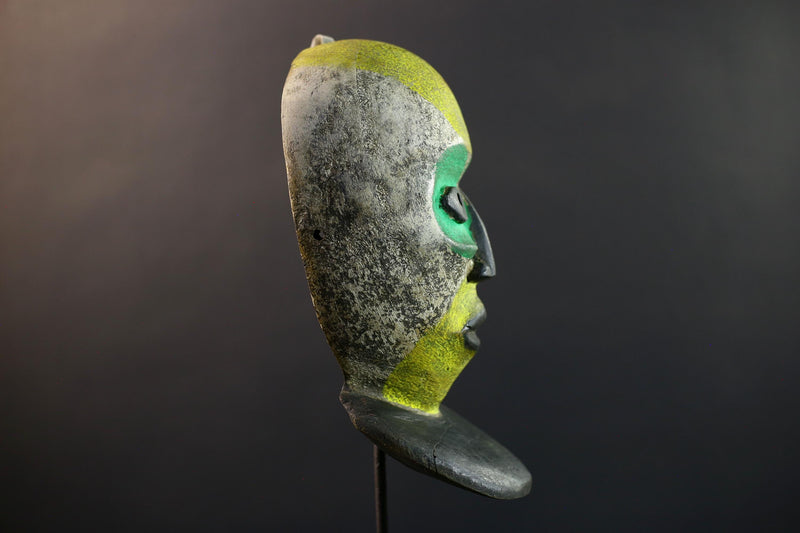 African Pende Helmet Mask, Congo Tribal Dance Art, Hand Carved Wood Sculpture, Split Face Green Yellow Decor-G5335