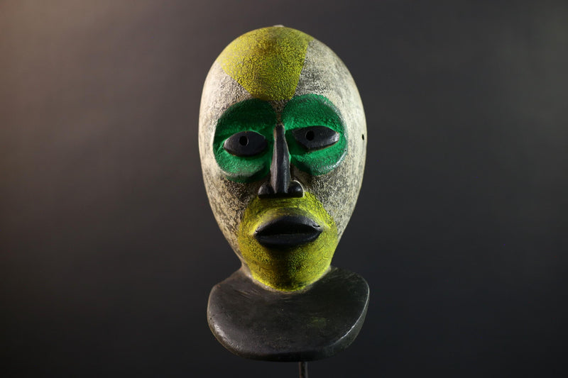 African Pende Helmet Mask, Congo Tribal Dance Art, Hand Carved Wood Sculpture, Split Face Green Yellow Decor-G5335