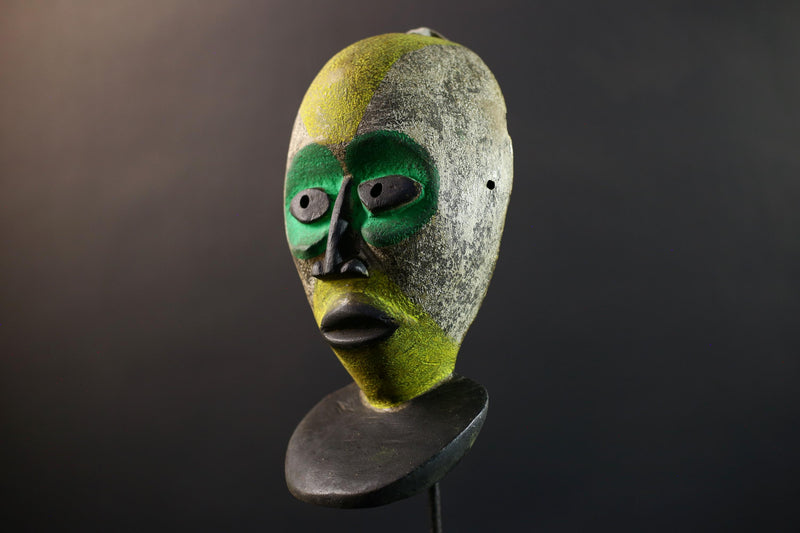 African Pende Helmet Mask, Congo Tribal Dance Art, Hand Carved Wood Sculpture, Split Face Green Yellow Decor-G5335