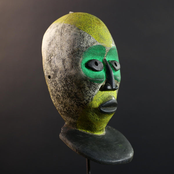African Pende Helmet Mask, Congo Tribal Dance Art, Hand Carved Wood Sculpture, Split Face Green Yellow Decor-G5335